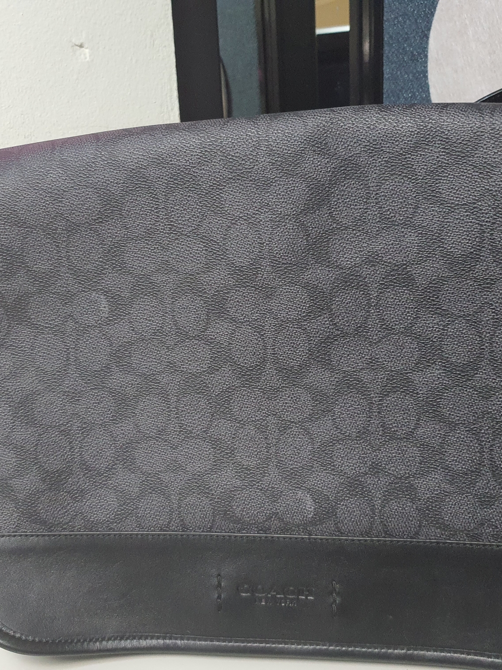 Coach Men's Black Signature Messenger Bag with Leather Trim